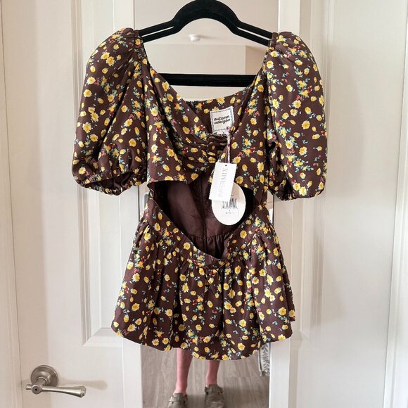 NEW Autumn Adeigbo Women's Brown Silk Puff Sleeve Floral Blouse Top Size 6 - Picture 1 of 6